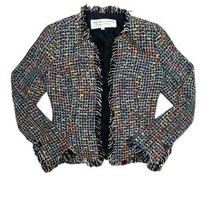 Trina Turk colorful multicolored Tweed Blazer with fringe detail